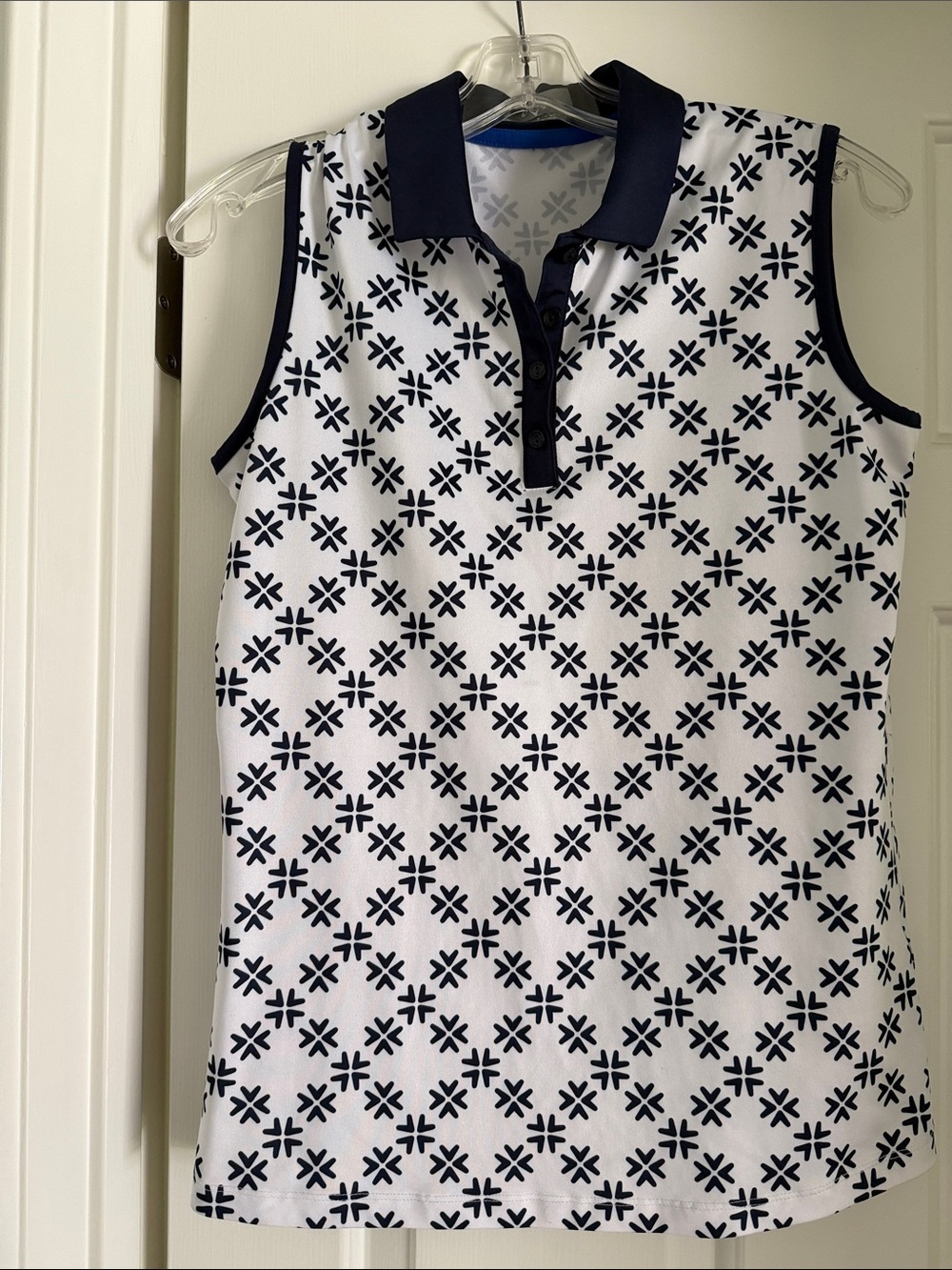 Callaway White Sleeveless Polo Tank with Navy Geometric Print